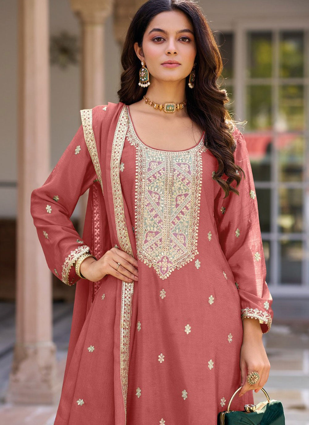 Salwar Suit Embroidered Pink, Rust Chinon T5902