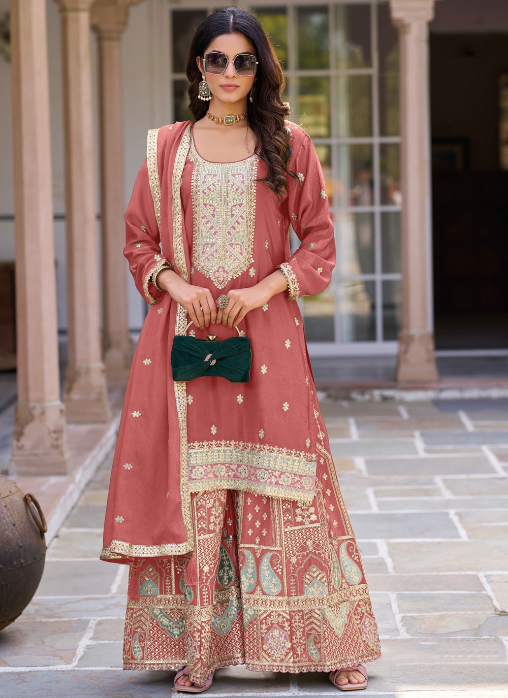 Salwar Suit Embroidered Pink, Rust Chinon T5902