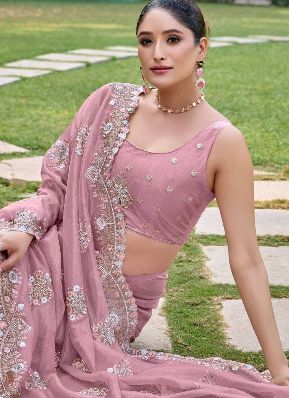Classic Saree Cut Work Pink, Rust Net Saree S13448