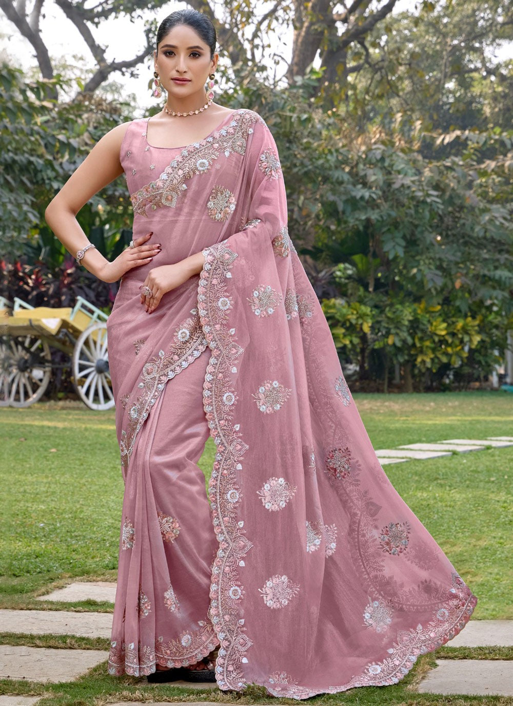 Classic Saree Cut Work Pink, Rust Net Saree S13448