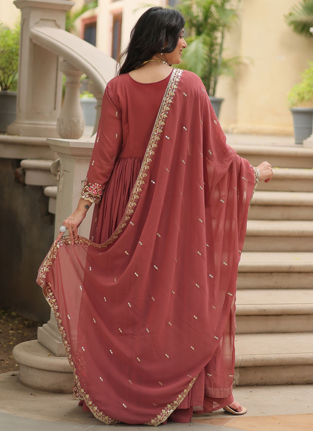 Salwar Suit Embroidered Pink, Rust Faux Georgette T5051