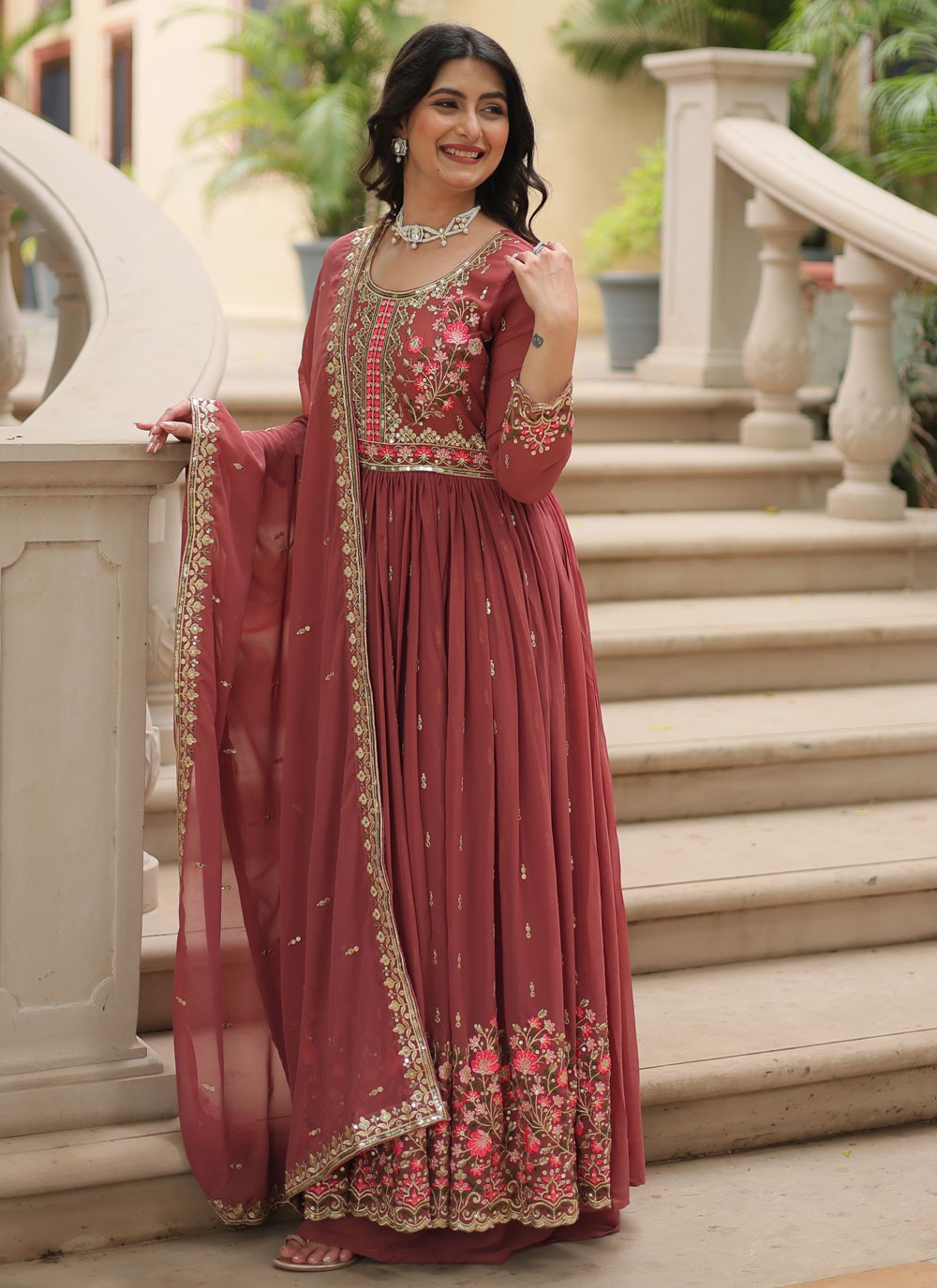 Salwar Suit Embroidered Pink, Rust Faux Georgette T5051
