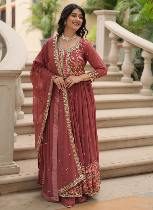 Salwar Suit Embroidered Pink, Rust Faux Georgette T5051