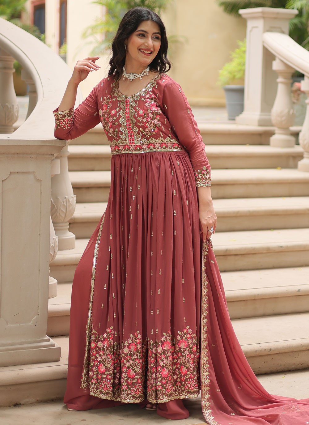 Salwar Suit Embroidered Pink, Rust Faux Georgette T5051