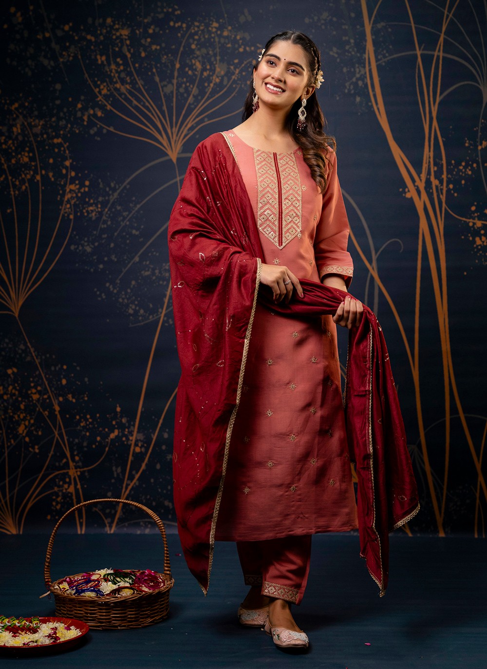 Pant Style Suit Embroidered, Zari Pink T7310