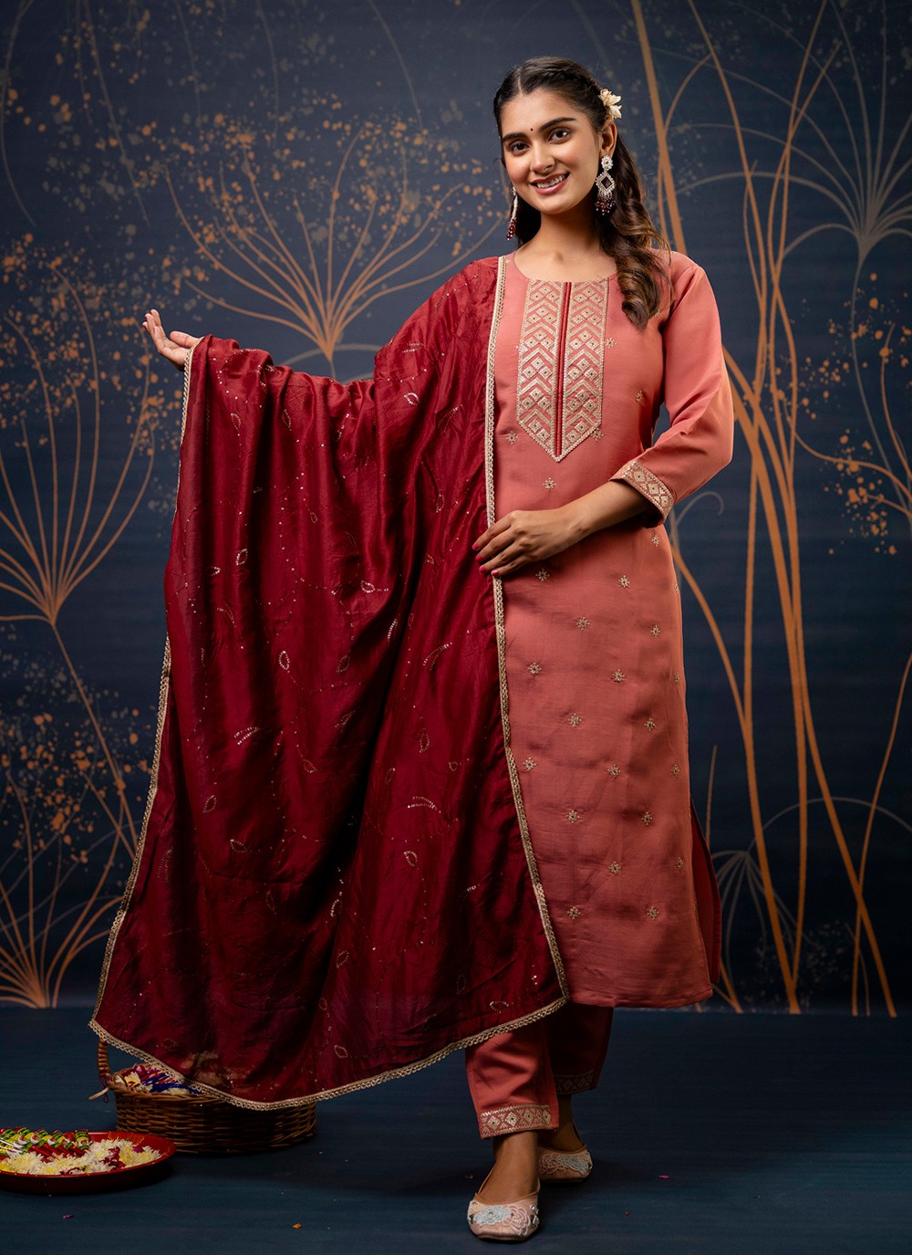Pant Style Suit Embroidered, Zari Pink T7310