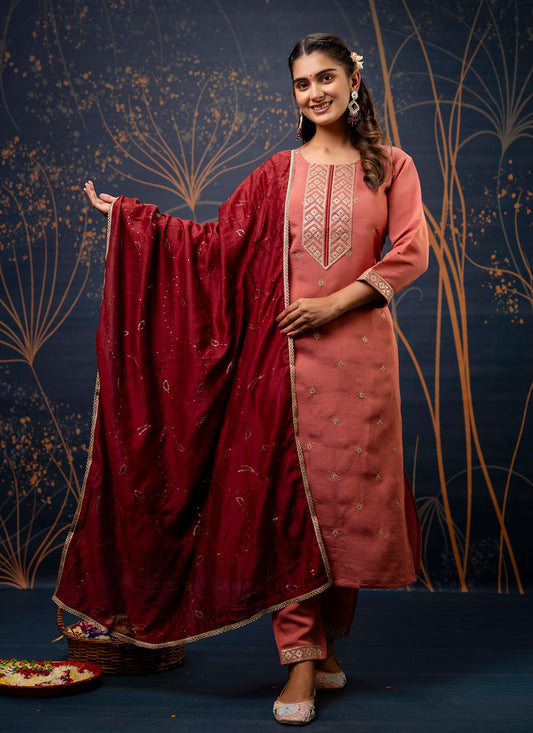 Pant Style Suit Embroidered, Zari Pink T7310