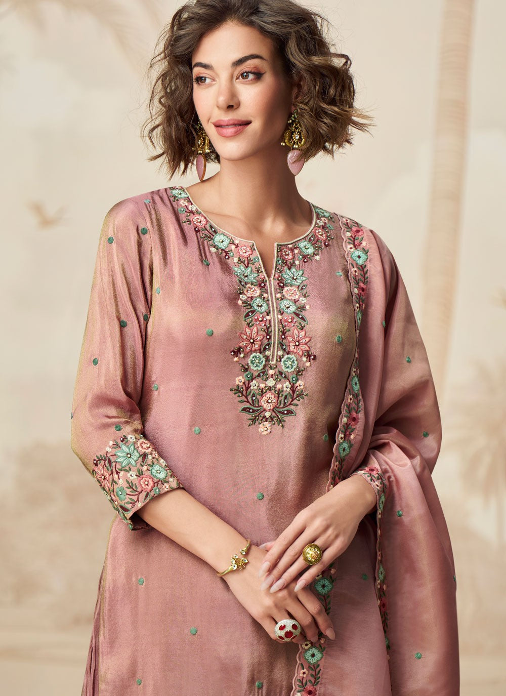 Sharara Suit Embroidered, Stones Pink T6817