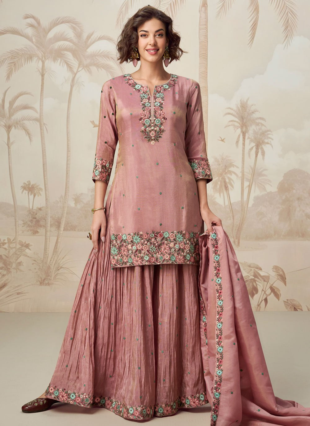 Sharara Suit Embroidered, Stones Pink T6817