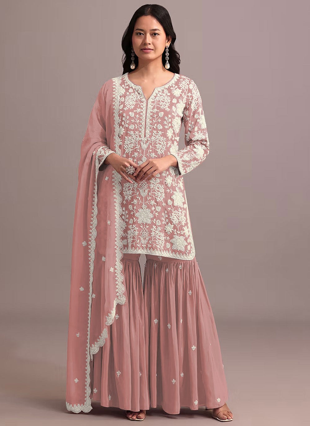 Sharara Suit Embroidered, Khatli Work, Thread Pink T6734