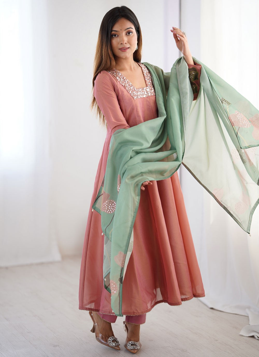 Anarkali Sequins, Stones, Thread Pink T7303