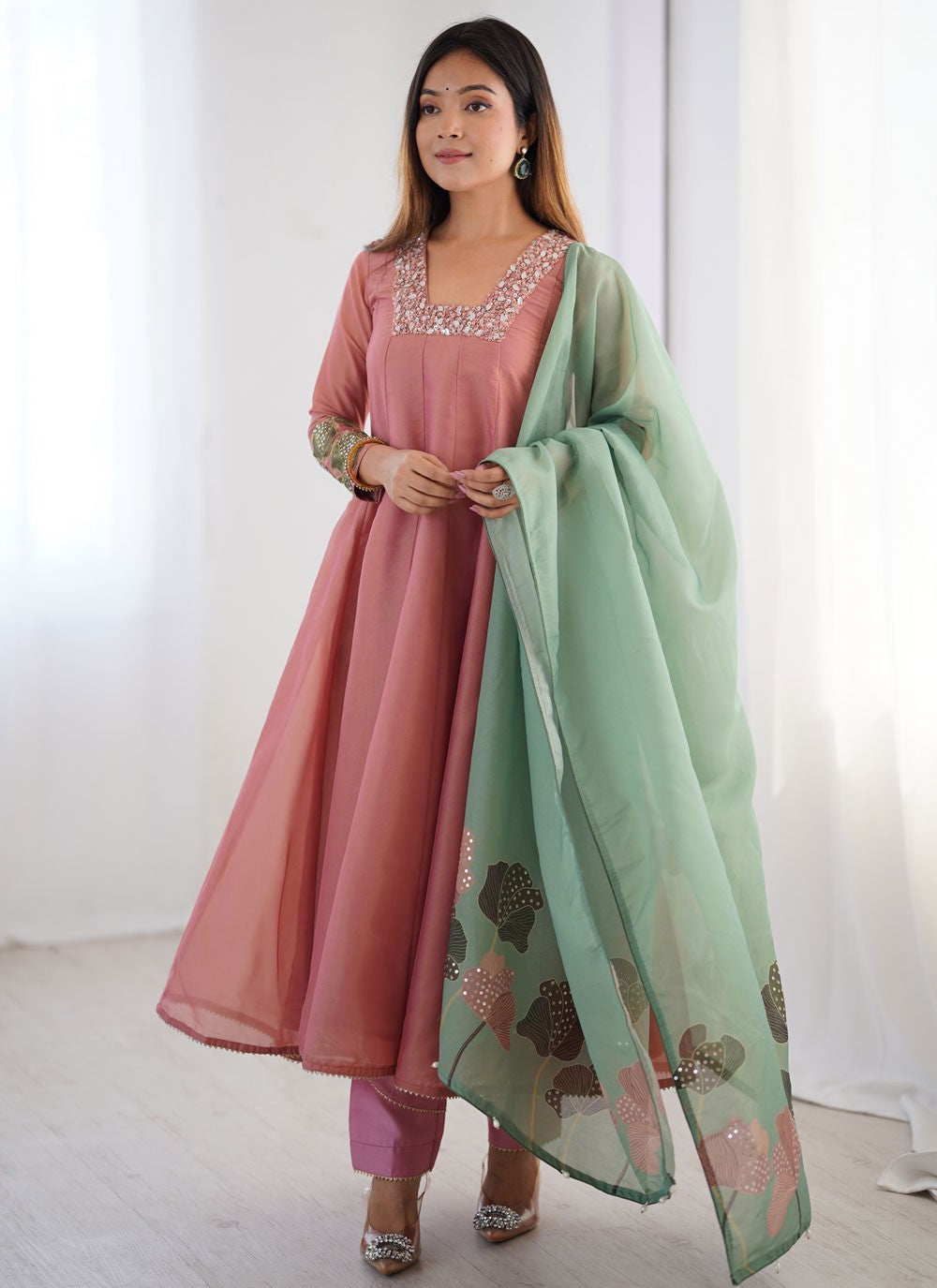 Anarkali Sequins, Stones, Thread Pink T7303