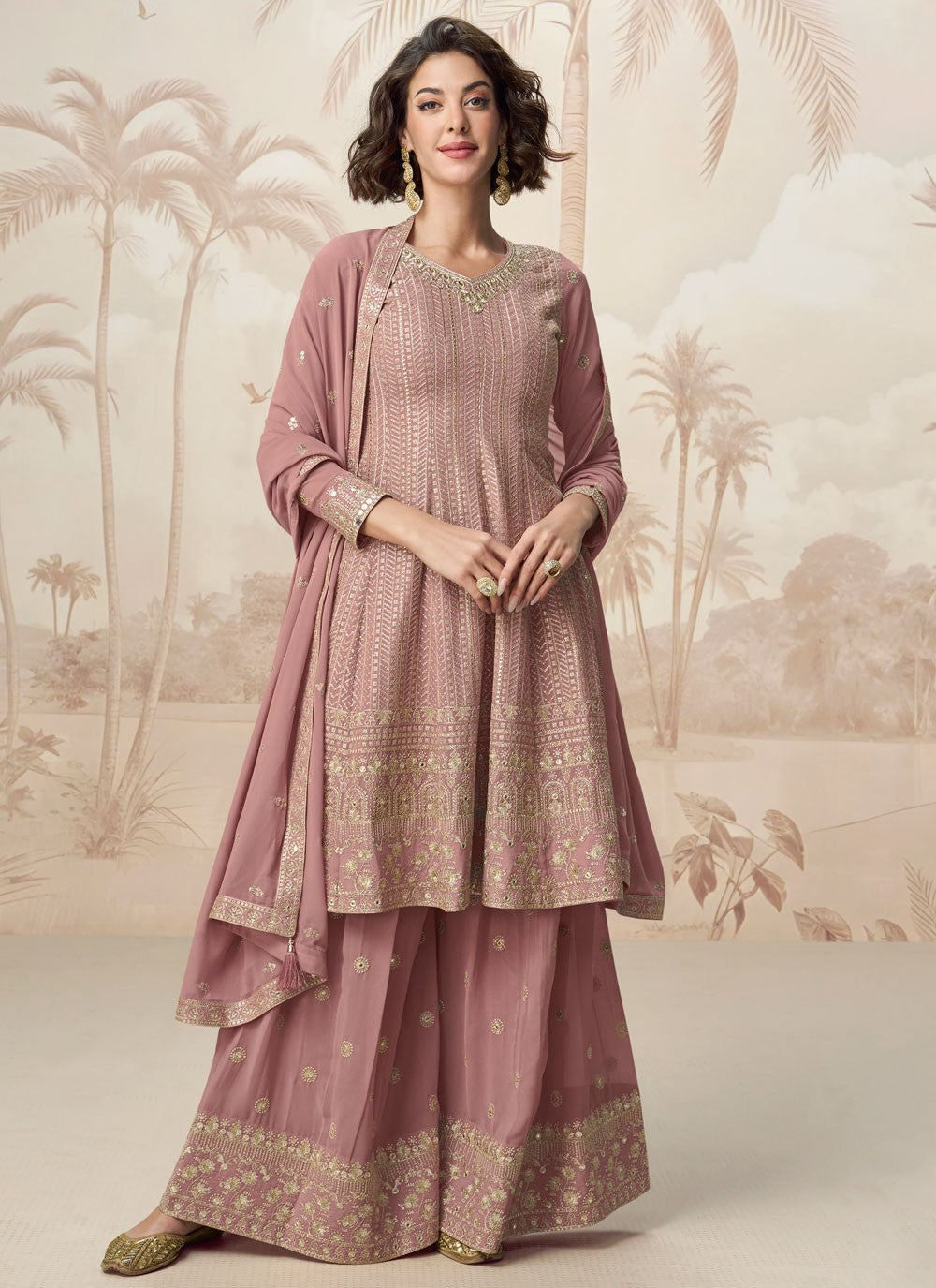 Embroidered Georgette Pink Salwar Suit T6071