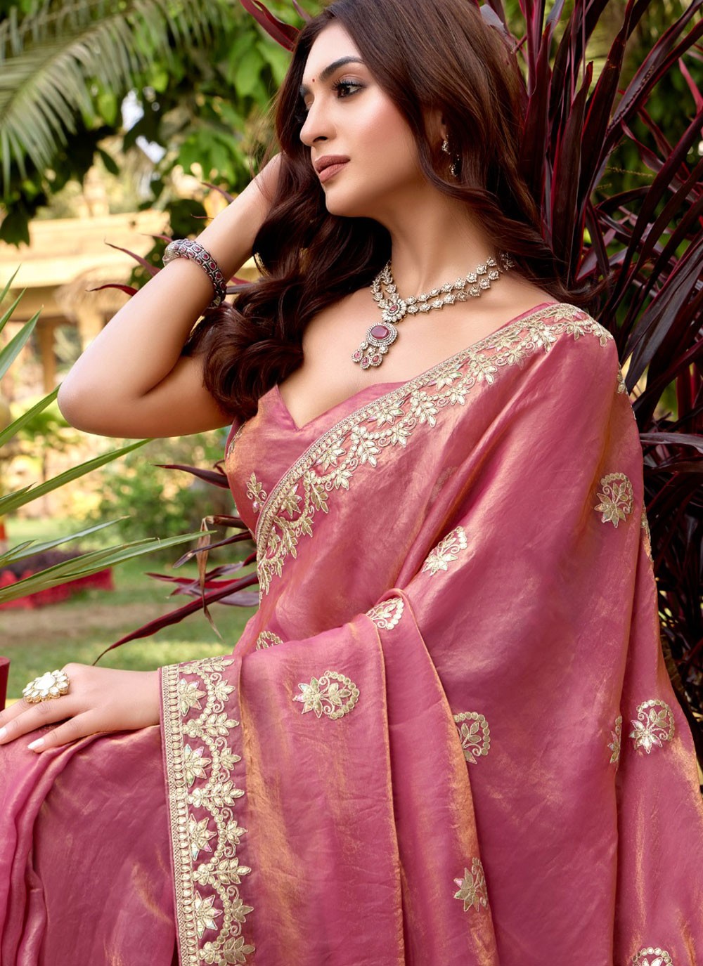 Traditional Embroidered Pink, Rust Chiffon Saree S13447
