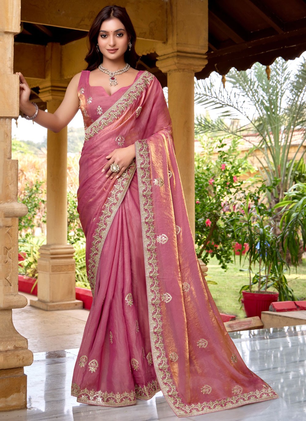 Traditional Embroidered Pink, Rust Chiffon Saree S13447
