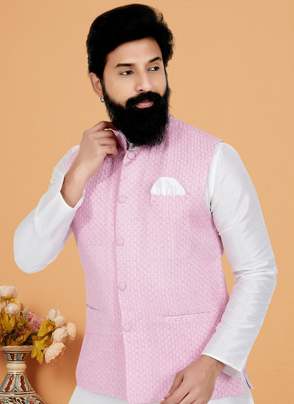 Resham Thread Work Dupion Silk, Viscose Pink, White Kurta Payjama With Jacket - M5464