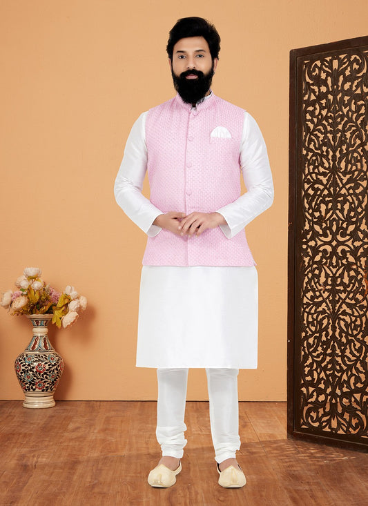 Resham Thread Work Dupion Silk, Viscose Pink, White Kurta Payjama With Jacket - M5464