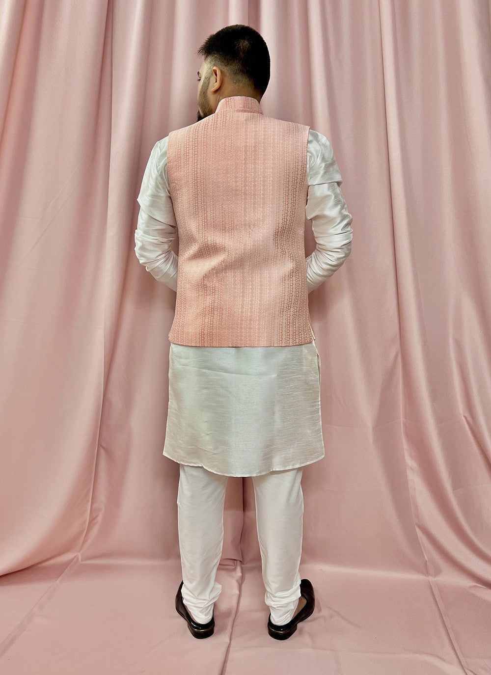 Fancy Work Jacquard, Silk Pink, White Kurta Payjama With Jacket - M5884