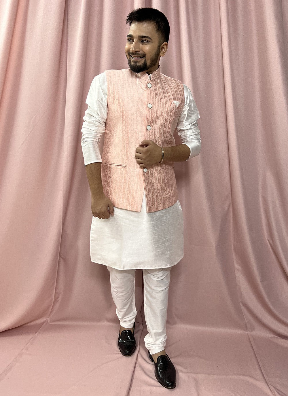 Fancy Work Jacquard, Silk Pink, White Kurta Payjama With Jacket - M5884