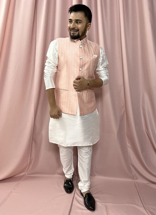 Fancy Work Jacquard, Silk Pink, White Kurta Payjama With Jacket - M5884