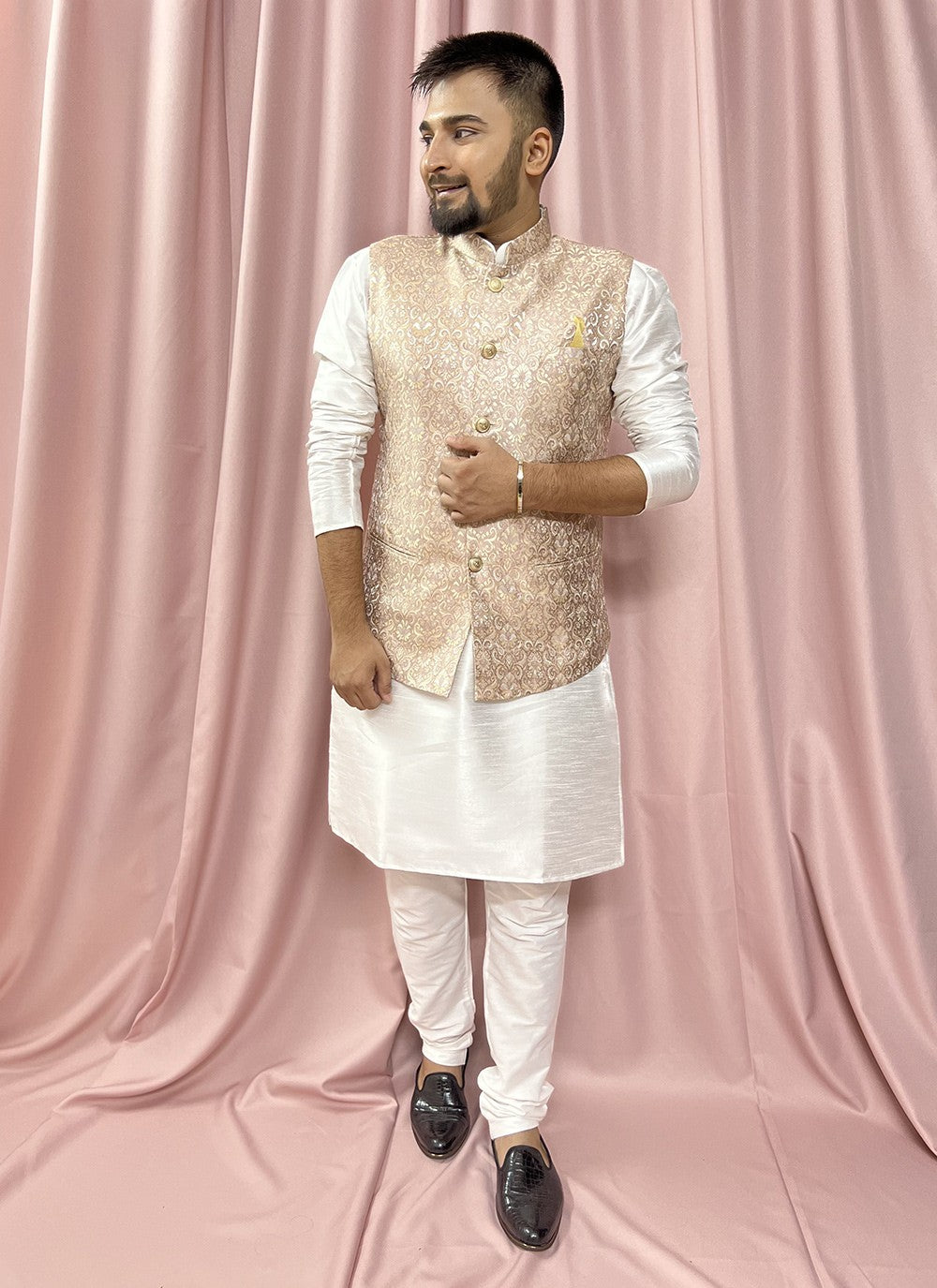 Fancy Work Jacquard, Silk Pink, White Kurta Payjama With Jacket - M5880
