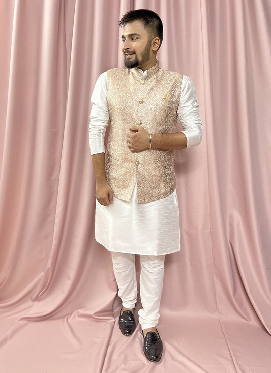 Fancy Work Jacquard, Silk Pink, White Kurta Payjama With Jacket - M5880