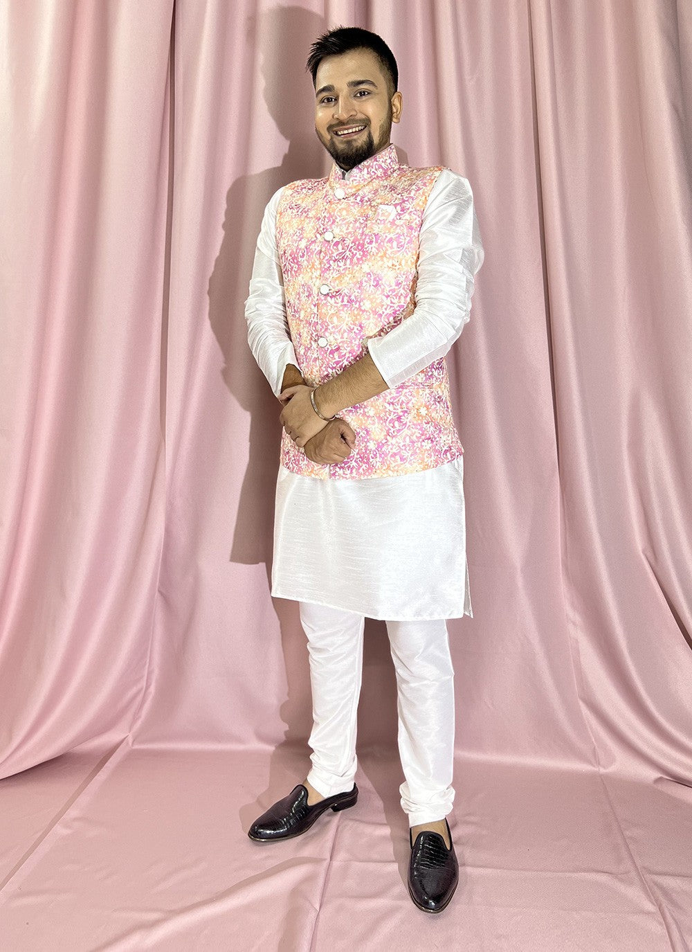 Embroidered Rayon, Silk Pink, White Kurta Payjama With Jacket - M5900