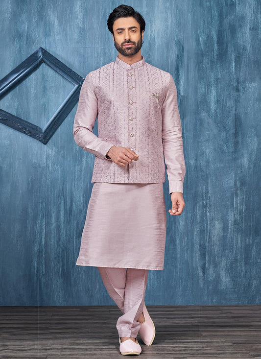 Embroidered Banarasi Silk Pink Kurta Payjama With Jacket - M6311