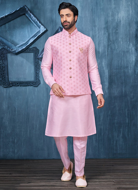 Embroidered Banarasi Silk Pink Kurta Payjama With Jacket - M6408