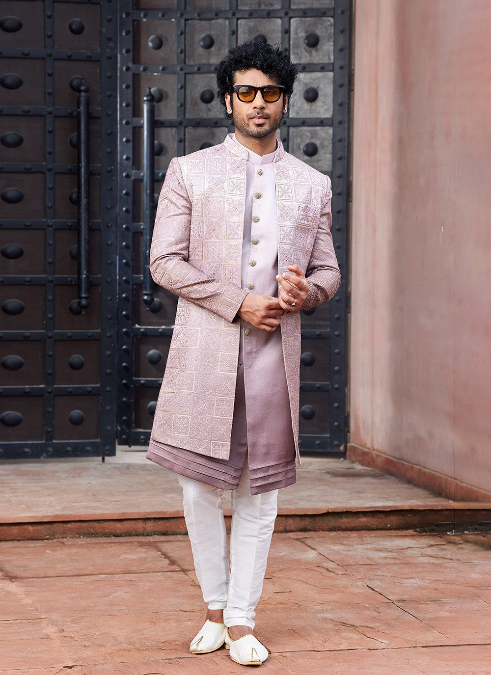 Fancy Work Art Silk Pink Indo Western Sherwani - M6156
