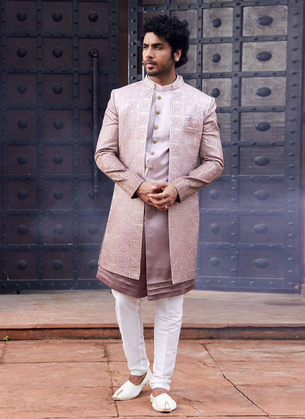 Fancy Work Art Silk Pink Indo Western Sherwani - M6156