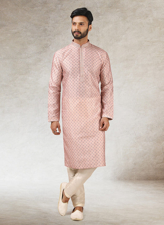 Printed Art Silk Pink Kurta Pyjama - M2853