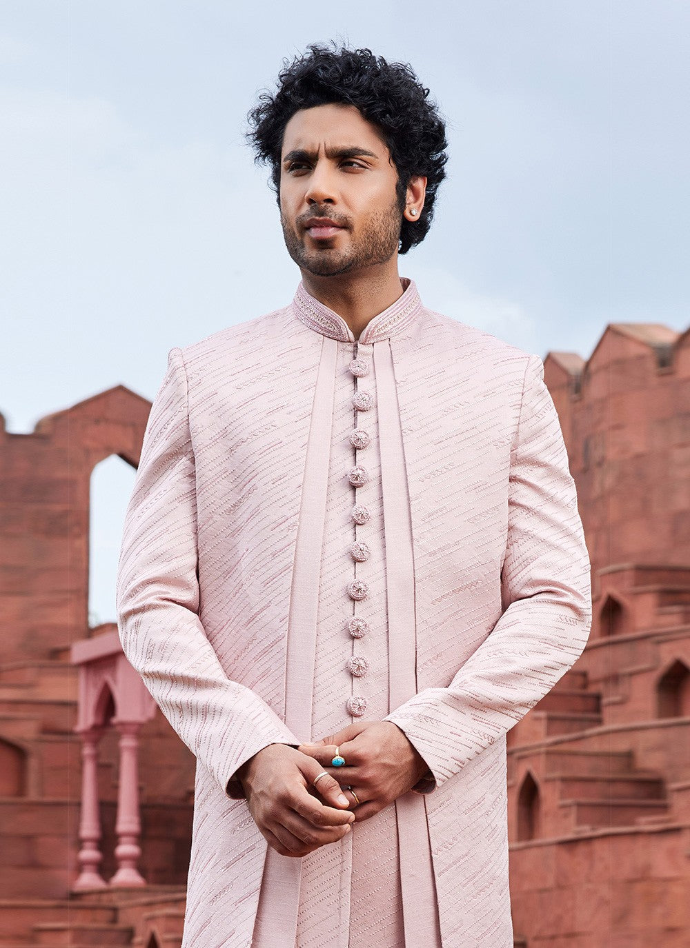 Embroidered Art Silk Pink Indo Western Sherwani - M6150
