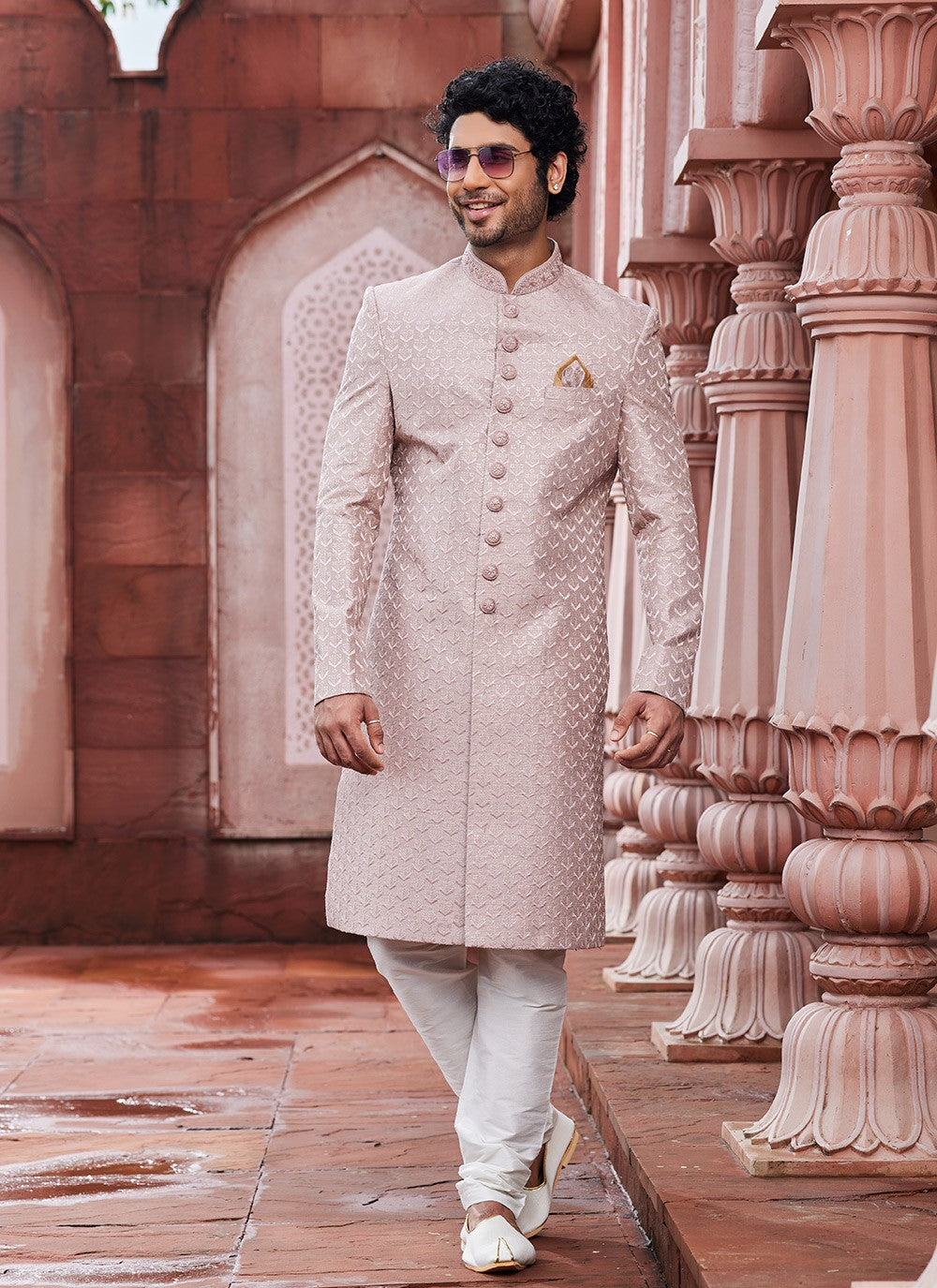 Hand Embroidery Art Silk Pink Sherwani - M6143