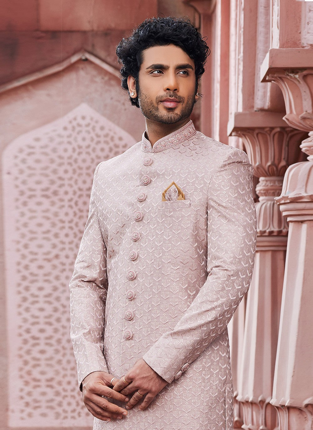 Hand Embroidery Art Silk Pink Sherwani - M6143