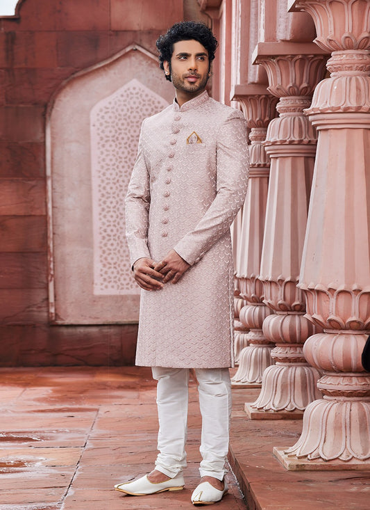 Hand Embroidery Art Silk Pink Sherwani - M6143