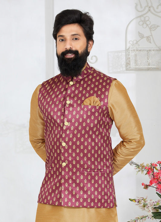 Printed Banarasi Silk Pink Nehru Jackets - M7489