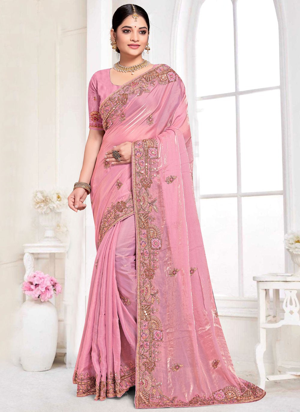 Contemporary Beads Pink Silk Saree S13085