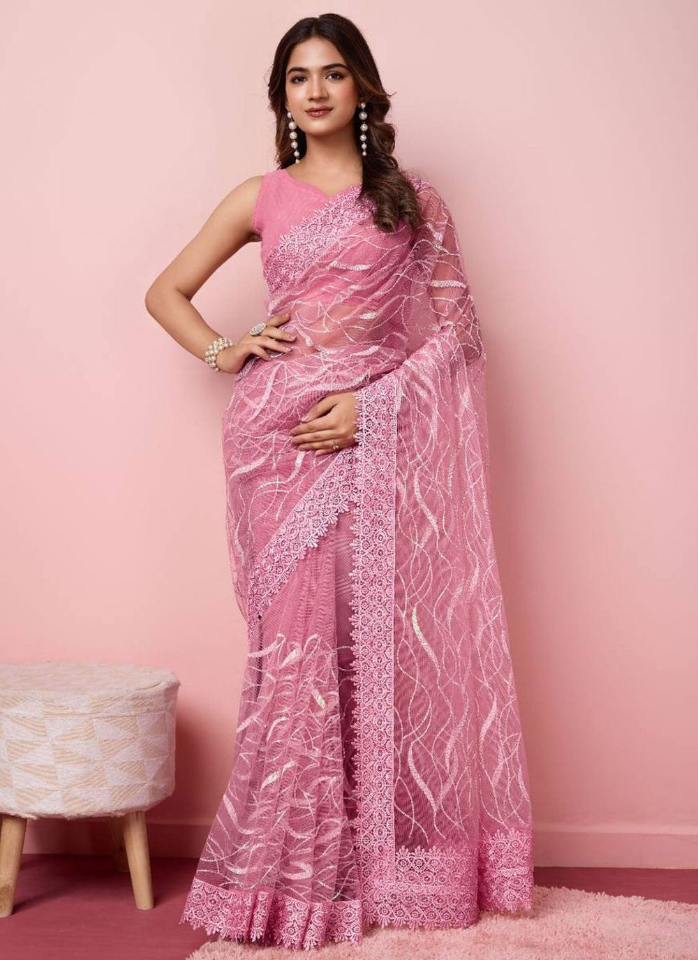 Contemporary Border Work Net Saree - S6471