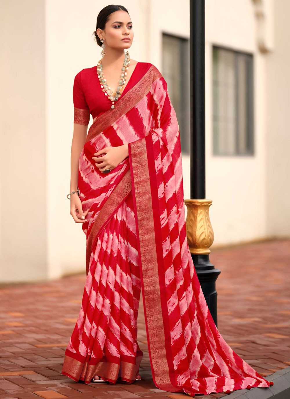 Pink Silk Contemporary Saree Border Work, Jacquard Work, Strips S17880