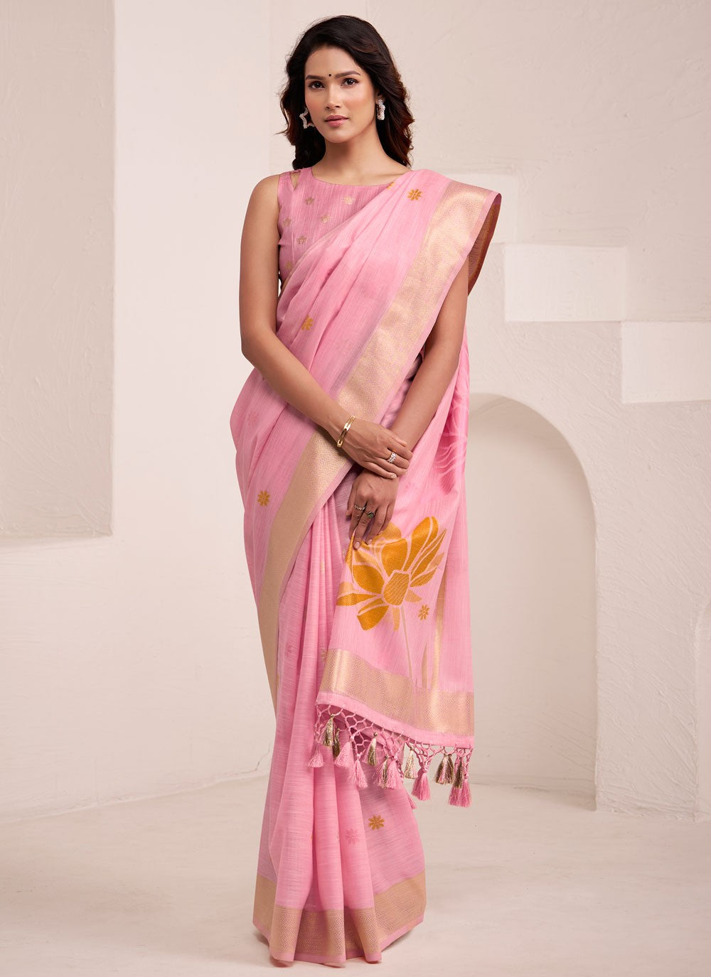Pink Linen Trendy Saree Buttis, Jacquard Work S19336