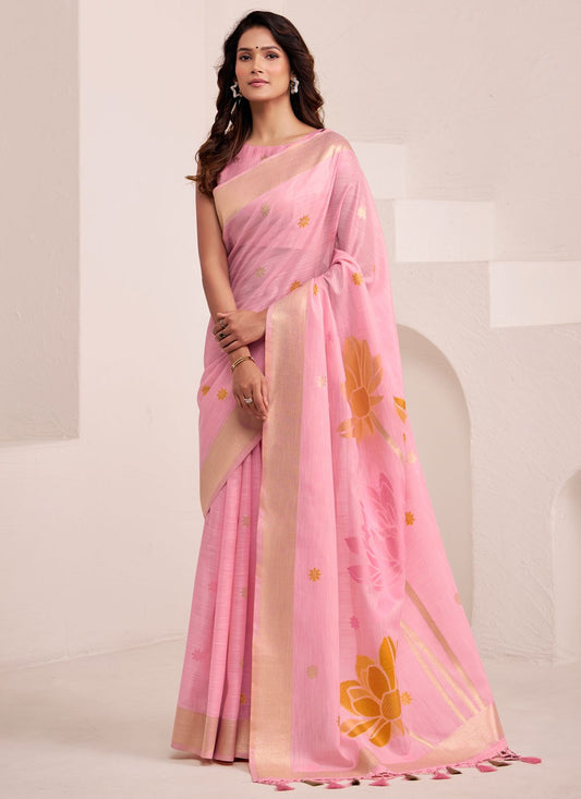 Pink Linen Trendy Saree Buttis, Jacquard Work S19336