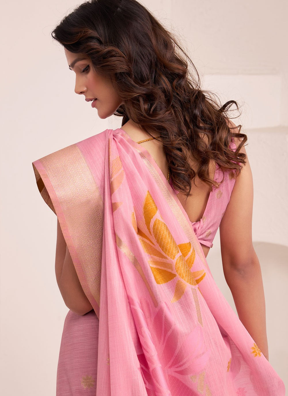 Pink Linen Trendy Saree Buttis, Jacquard Work S19336