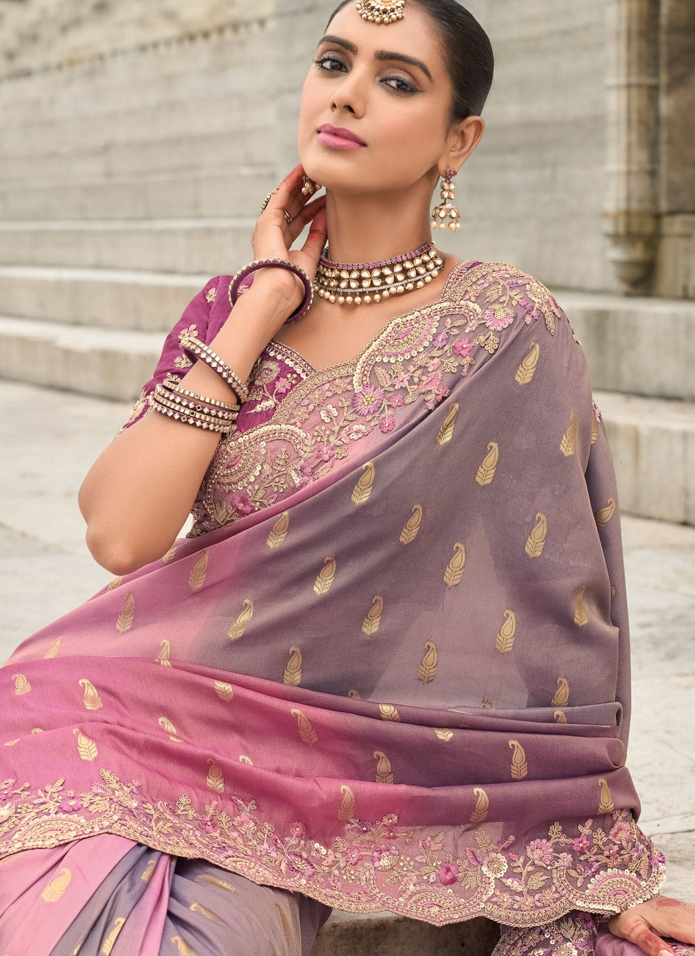 Designer Buttis Pink Silk Saree S13021