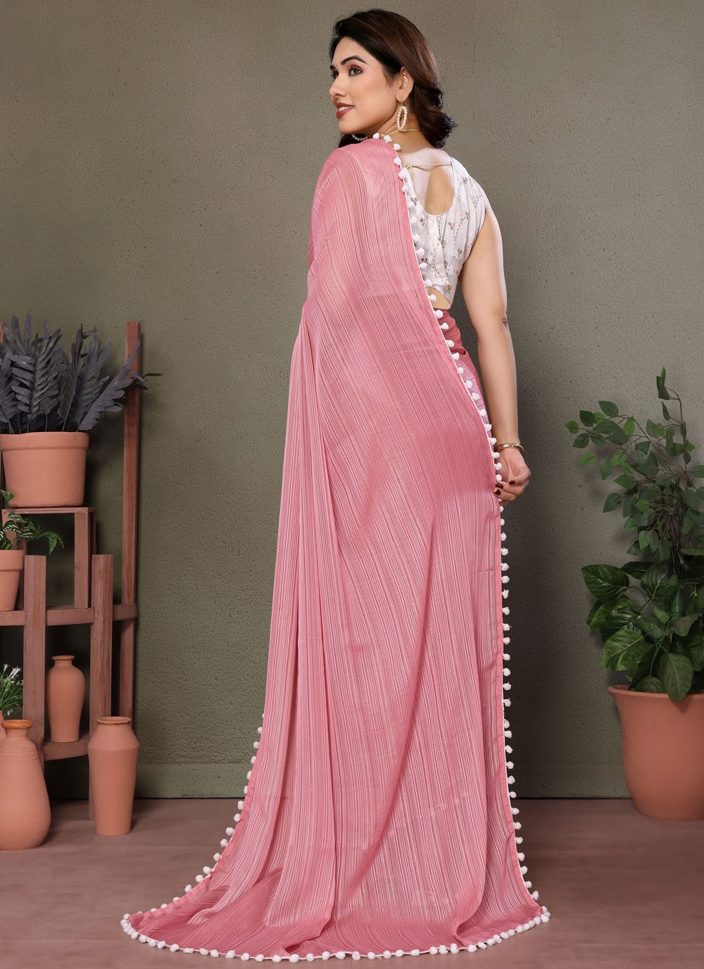 Contemporary Border Work Pink Banglori Silk Saree S12478