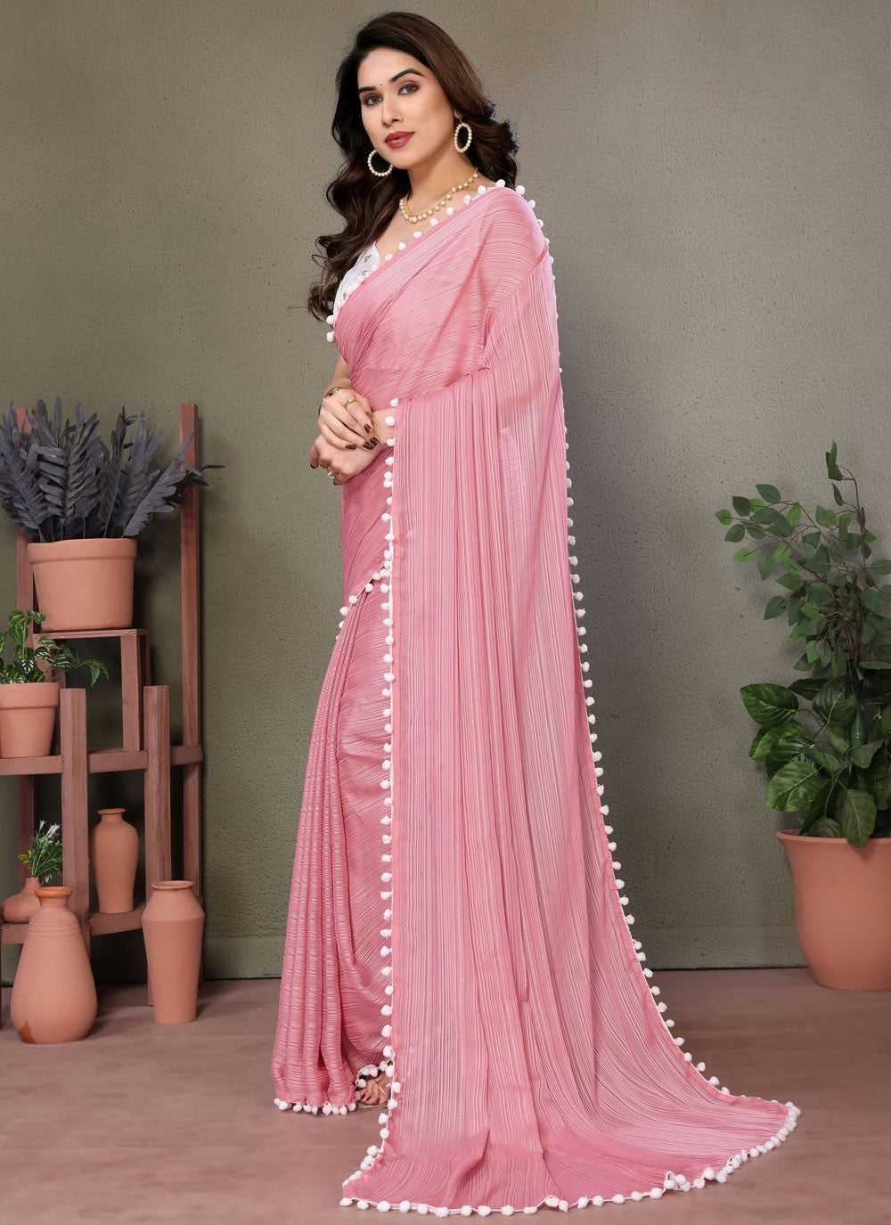 Contemporary Border Work Pink Banglori Silk S12478