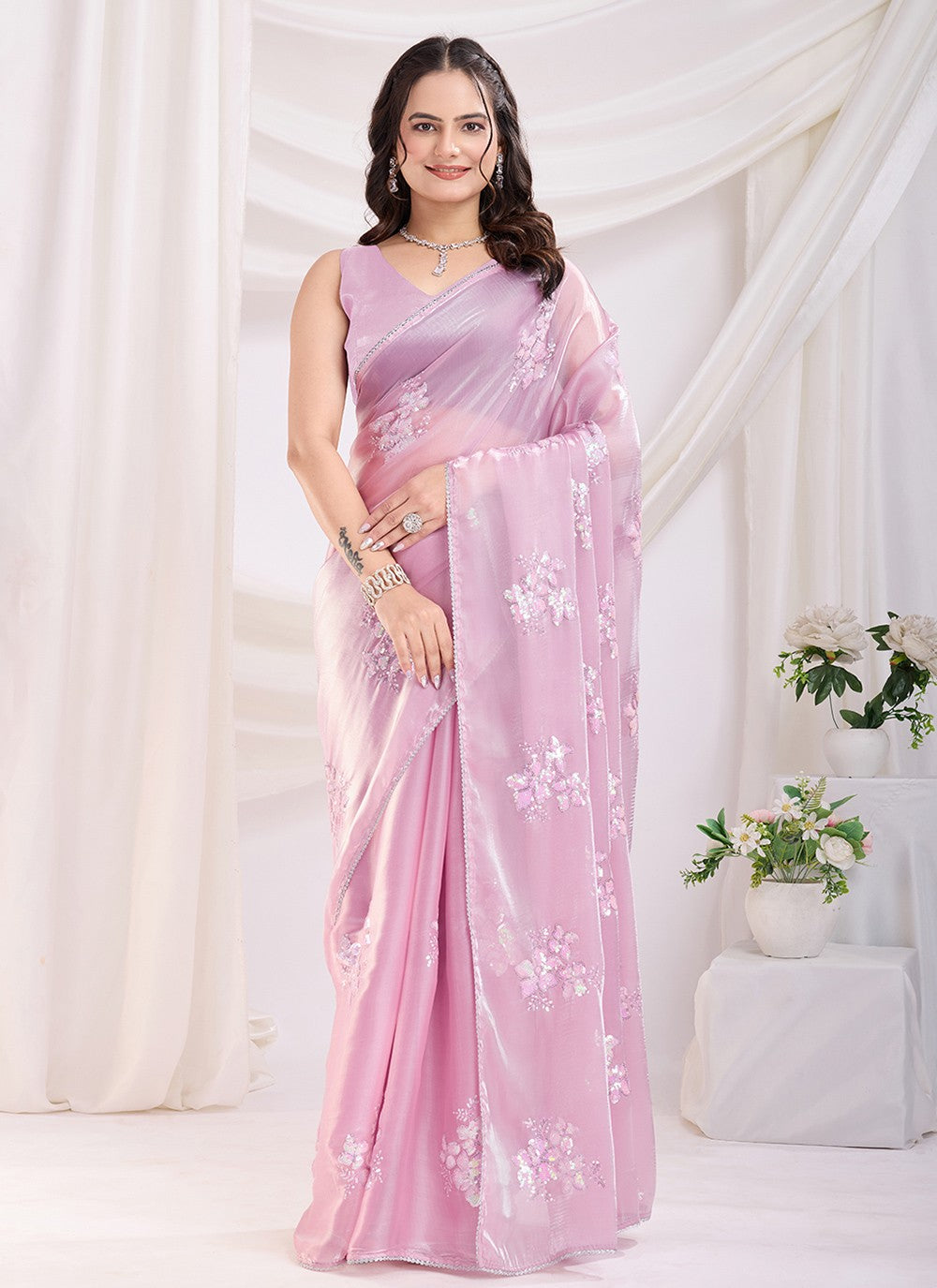 Embroidered Jimmy Chu Pink Saree S13858