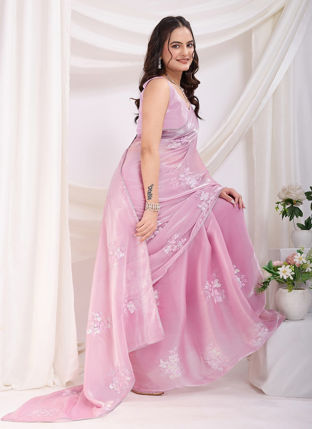 Embroidered Jimmy Chu Pink Saree S13858