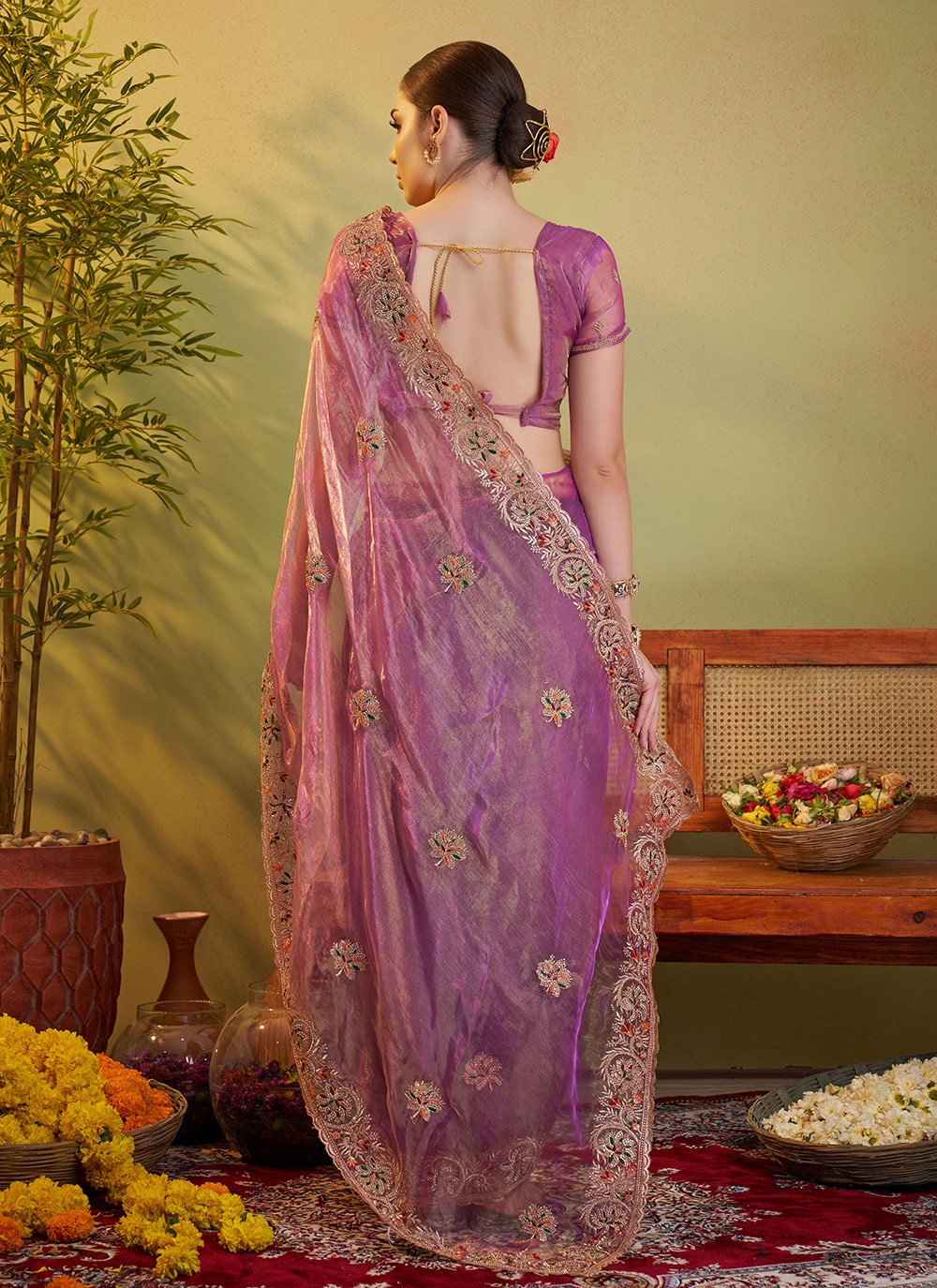 Swarovski Organza Pink Saree S14374
