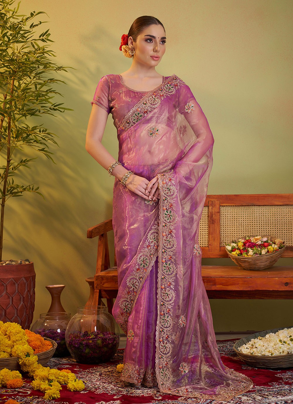 Swarovski Organza Pink Saree S14374
